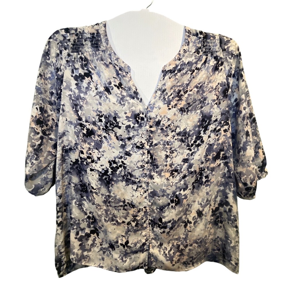 Rose+Olive Blue Abstract Floral V-Neck Tunic Blouse Plus Size 2X with 3/4 Sleeve