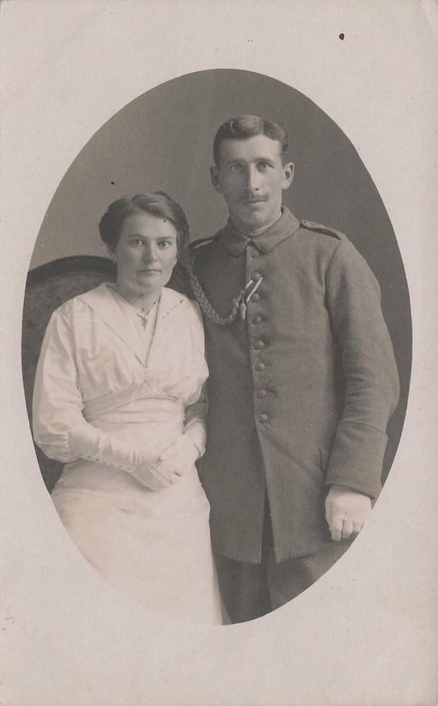 FRENCH MAN & WOMAN MILITARY WW1 ERA PORTRAIT REAL PHOTO POSTCARD 1910s RPPC