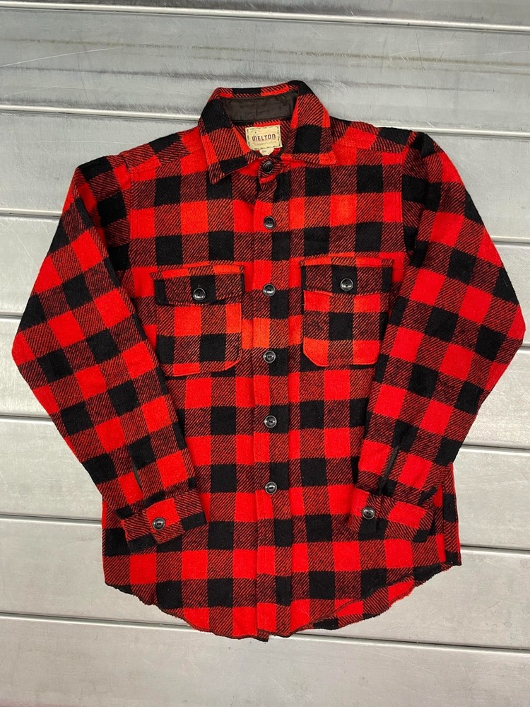 Vintage Melton Wintermaster Button Up Wool Shirt Mens 14.5 Buffalo Plaid Flannel