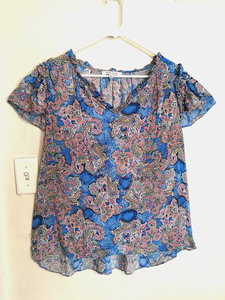 Rose + Olive Womens Blouse 1X Plus Paisley Floral Blue Pink Short Sleeve Ruffle