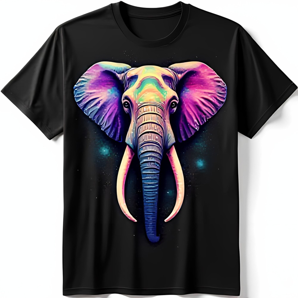 Vibrant Elephant Graphic on Black T-Shirt Trippy Night Sky Design