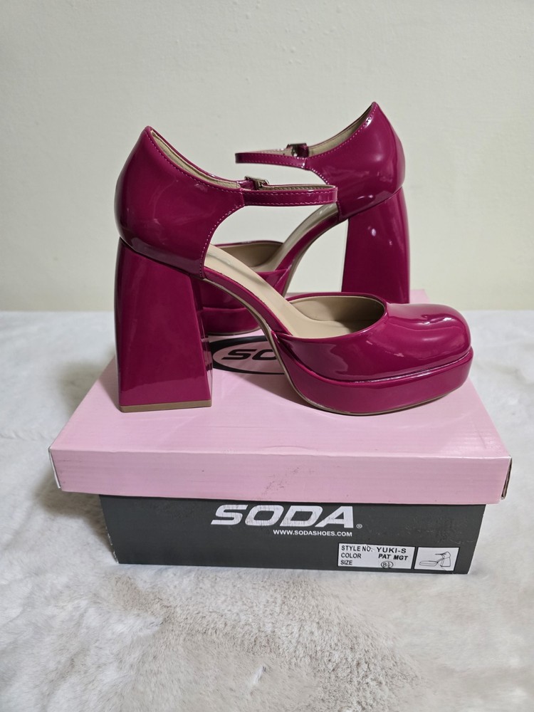 Funky hot pink ankle strap pumps with square toe and chunky platform heel for women
