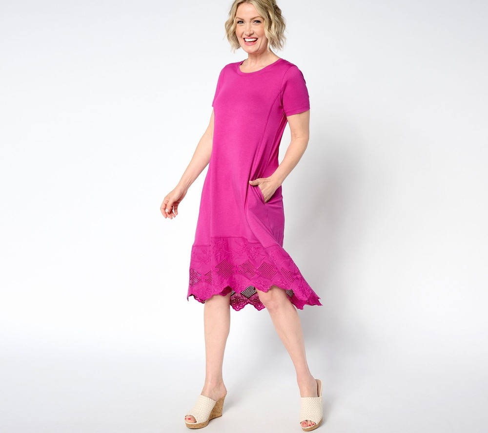 LOGO by Lori Goldstein Women's Dress Sz M Regular Knit with Lace Pink A648215