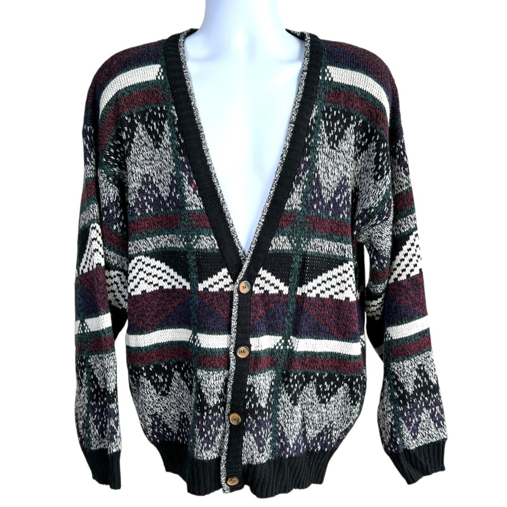 Vintage 90s Michael Gerald Grandpa Cardigan Sweater Size M Geometric Chunky