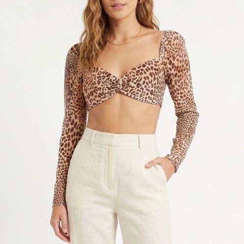 Naked Wardrobe The Statement Leopard Crop Top Womens Small Puff Sleeve