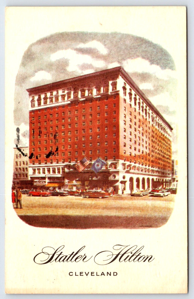 Vintage Old Outdoor Postcard Car Hilton Hotel Building Road People Flag Ohio Usa