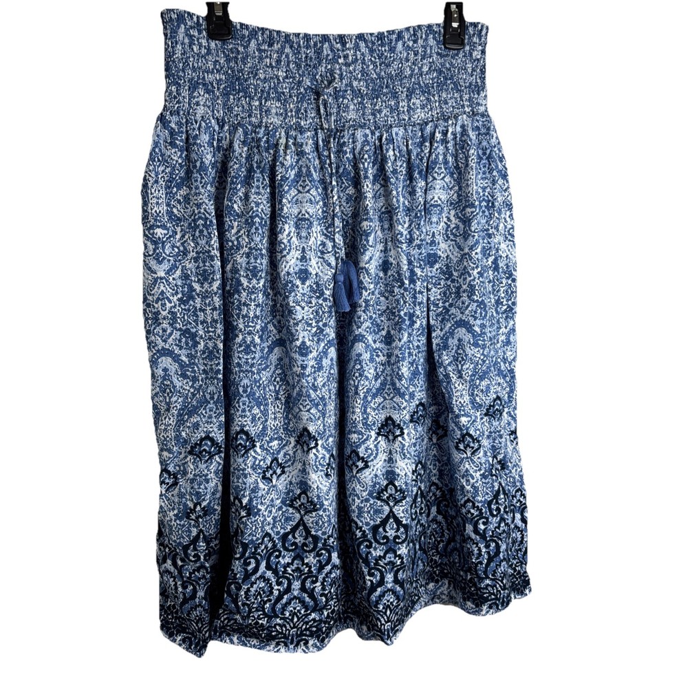 J Jill Smocked Waist Midi Skirt, Blue, Batik Print, Boho Size Medium Petite