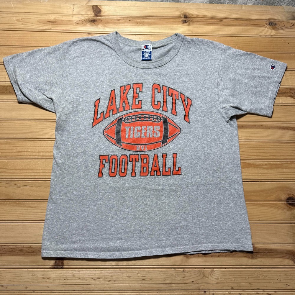 Vintage 90s Champion Lake City Tigers Football Gorpcore Heather T-Shirt Size XL