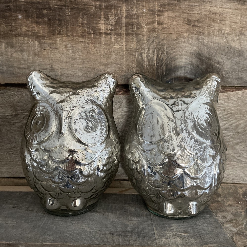 Silver Toned Glass Owls 7” Tall Set Of 2