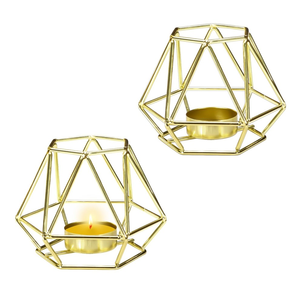 2Pcs Gold Geometric Tealight Votive Candle Holder, Metal Hollow Tea Light Can...
