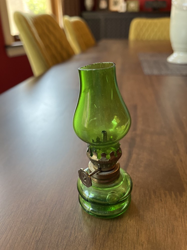 Antique Miniature Green Glass Hurricane Oil Lamp 4