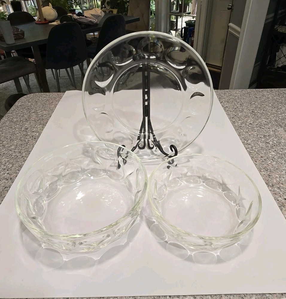 3 Piece Vtg Glass Pyrex Teardrop Thumbprint Glass Nesting Bowls And Plate