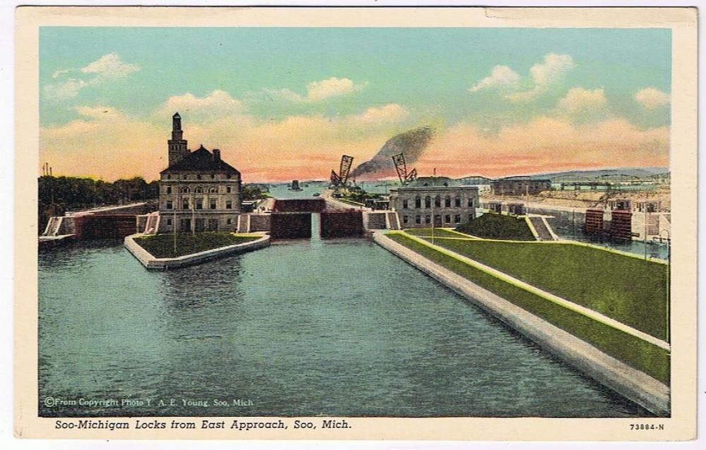 Postcard Soo Michigan Locks From East Approach Soo Michigan