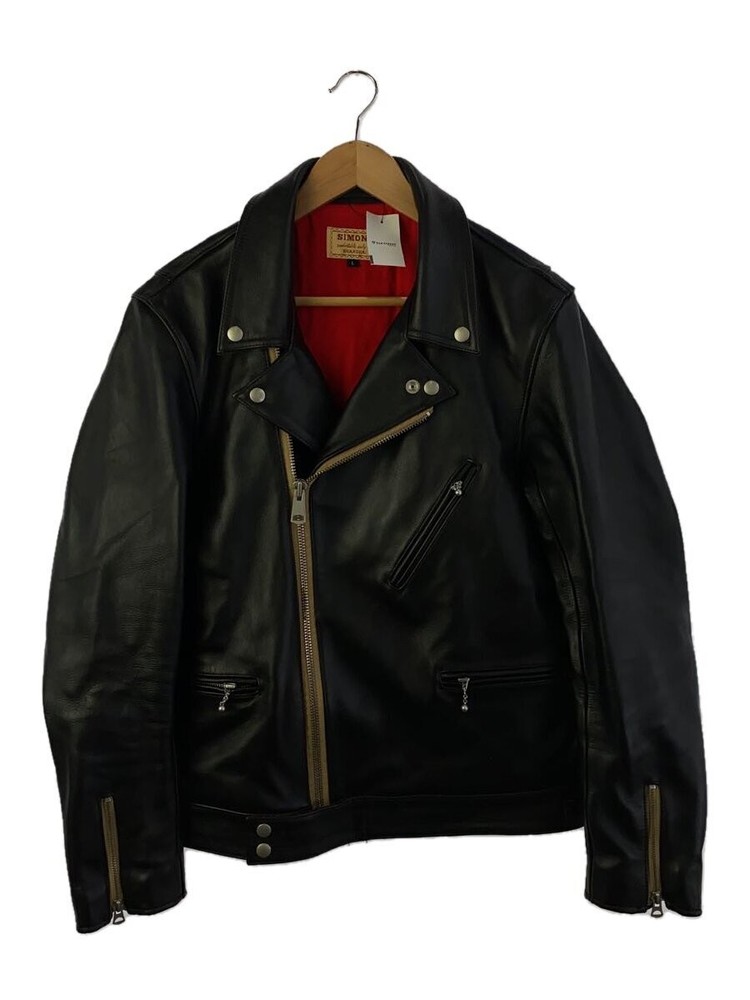 Simons Double Rider Leather Jacket Size L Black Plain 173
