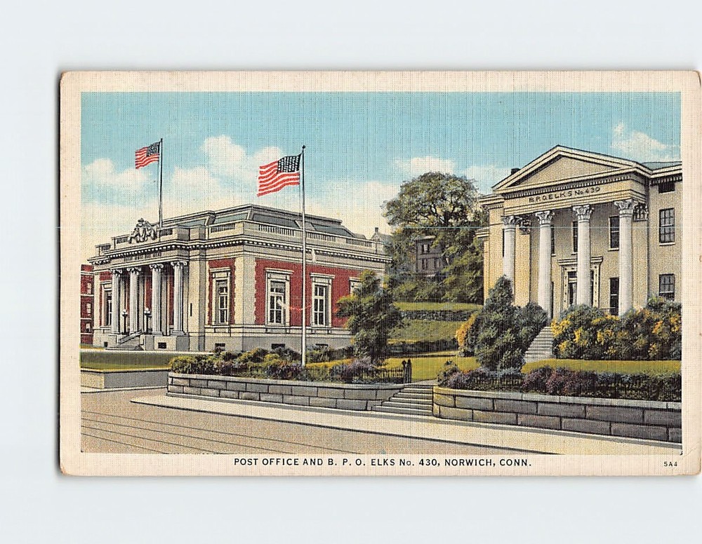 Postcard Post Office and BPO Elks No. 430 Norwich Connecticut USA