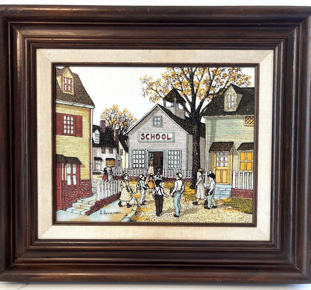 H. Hargrove Oil Serigraph Painting on Canvas VTG Americana Art Wood Frame Signed