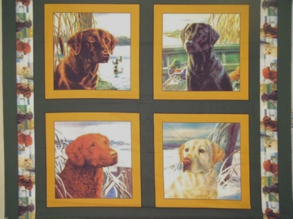4 Retrievers Dogs Pillow Panels Fabric 100% Cotton as is