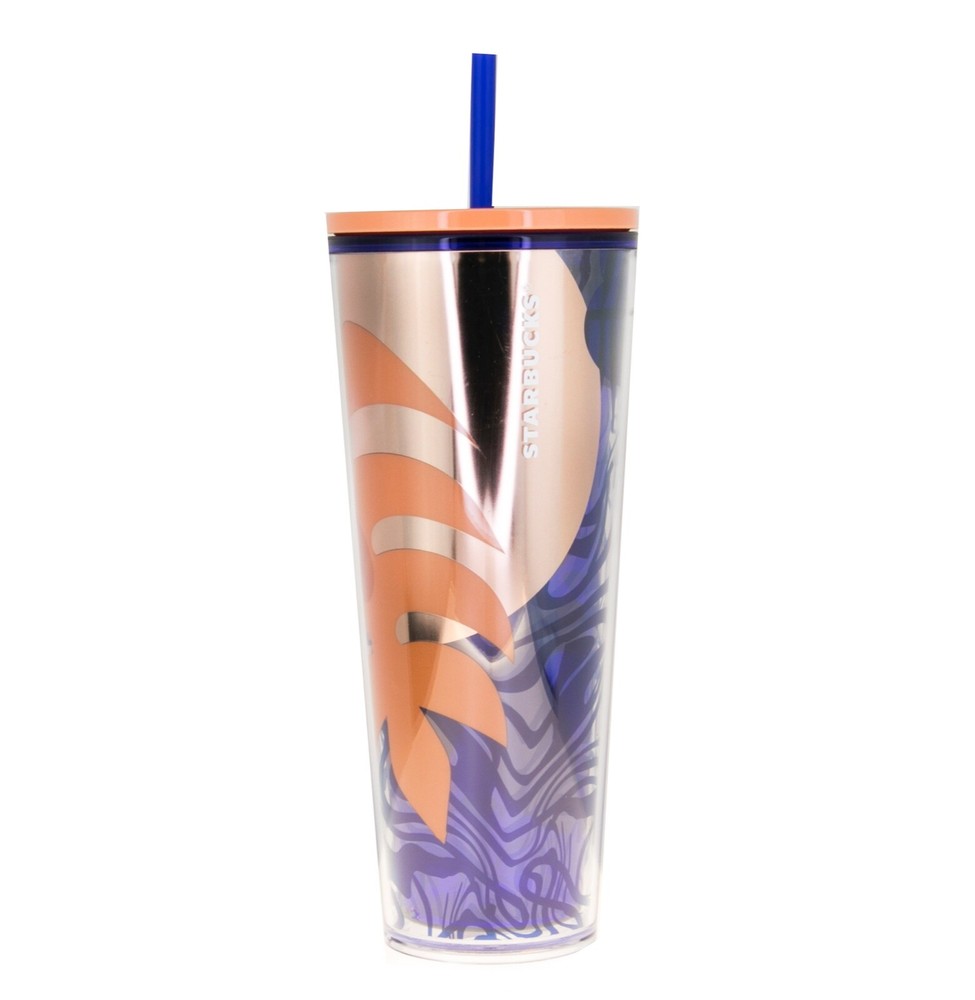 STARBUCKS Peach Purple Abstract Palm Leaf Cold Cup Tumbler 24 Oz with Straw-image