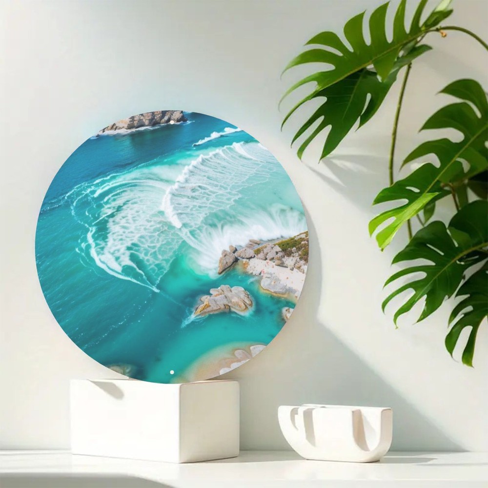 Vintage Coastal Turquoise Ocean Waves Round Metal Art