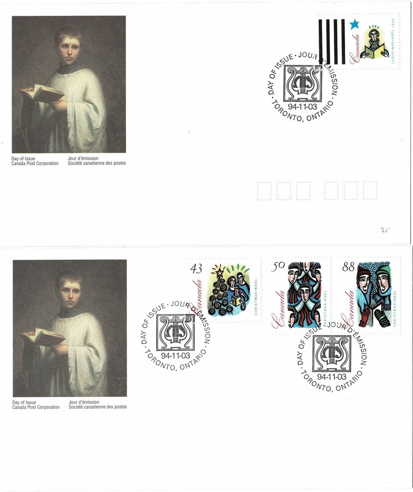 CANADA 1994 CHRISTMAS SET OF 4 ON 2 x OFFICIAL FIRST DAY COVERS FDC