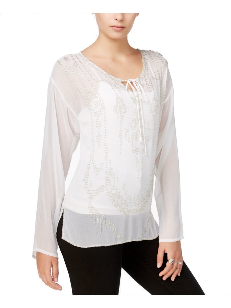 FAIRCHILD Womens White Long Sleeve Keyhole Tunic Top Size: S