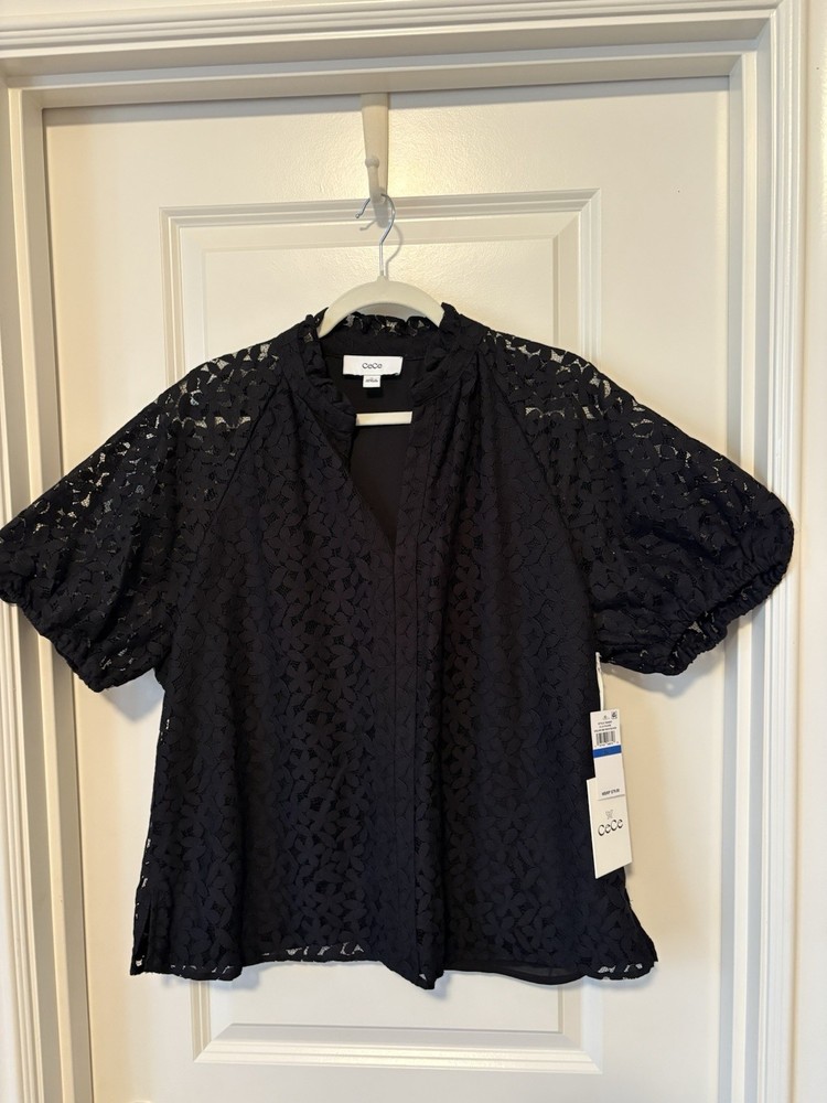 CeCe Lace Floral Blouse Short Puff Sleeve Sheer Black XL