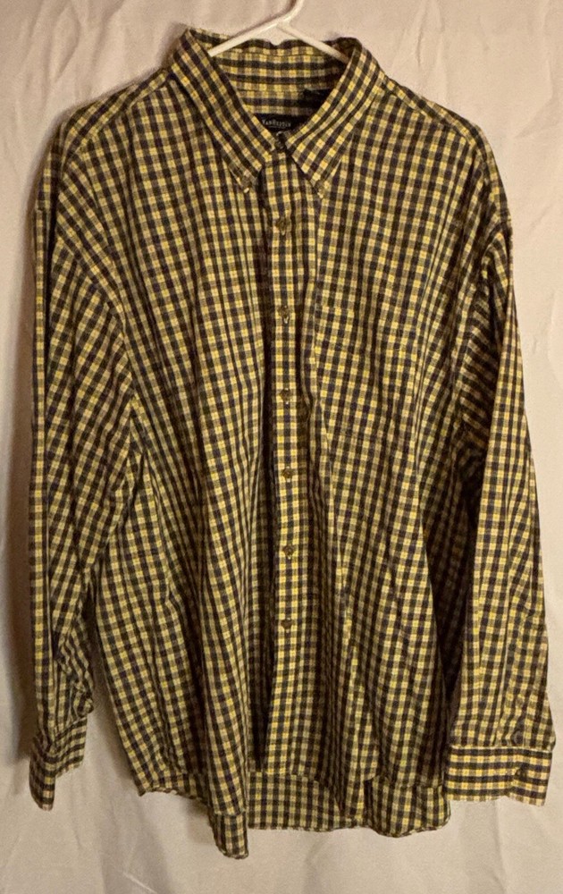 Van Heusen Mens Long Sleeve Button XXL 18 - 18 1/2 Blue Yellow Plaid Shirt