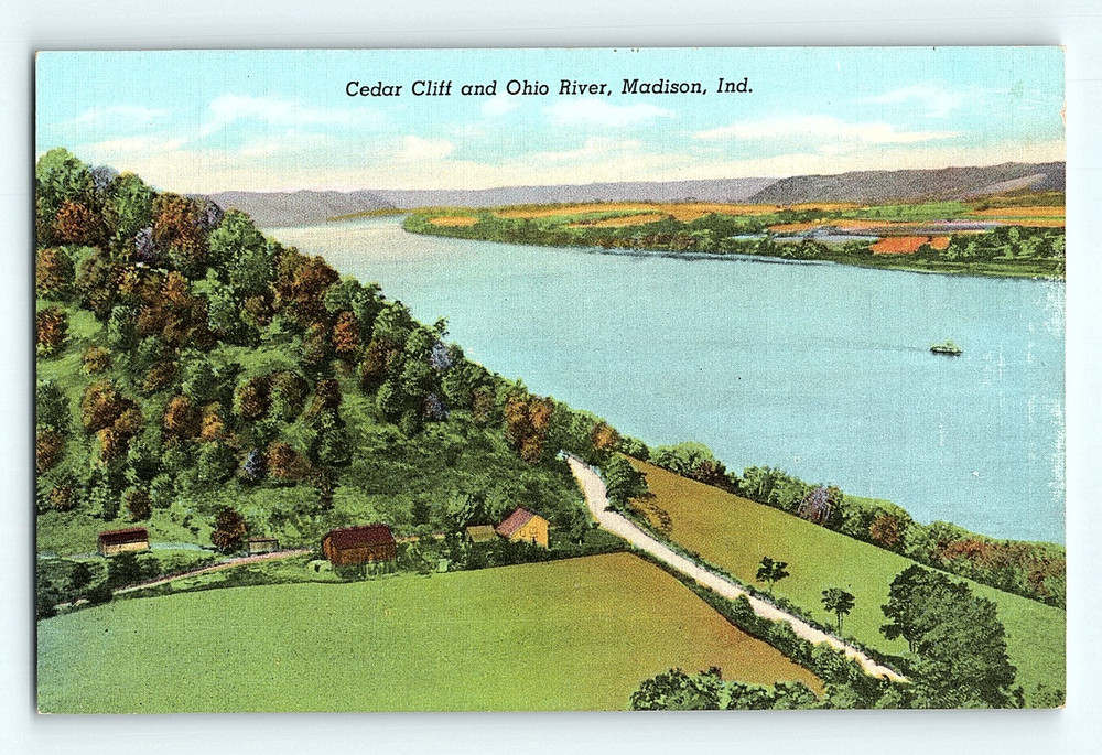 c1940 Cedar Cliff and Ohio River Madison Indiana Birdseye View Linen Postcard G8
