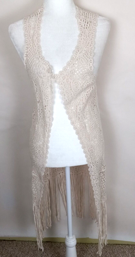 Adiva Crochet Fringe Vest Small Ivory Long Line Layering Boho Hippie Festival