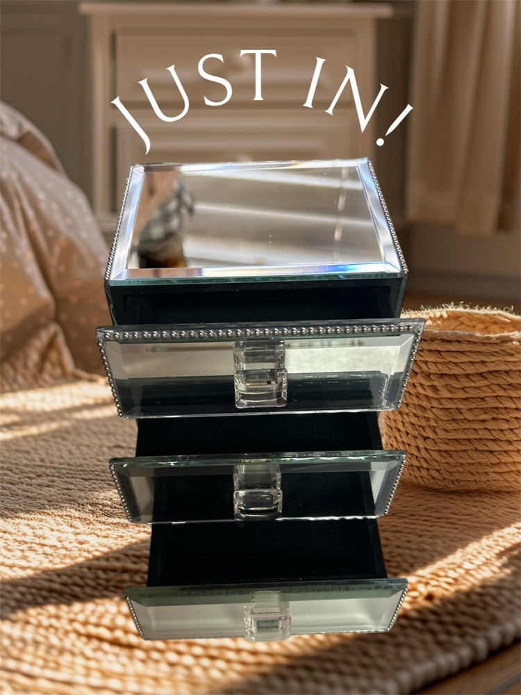 Luxury Mirrored Jewelry Box Beveled Edges / 3 Drawers 7.5” h x 7” w x 5.5” Chic