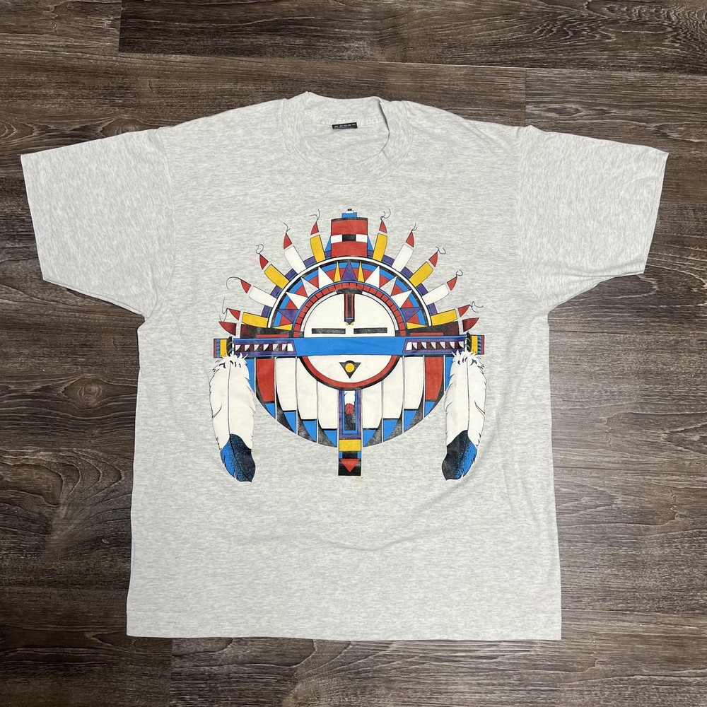 Vintage Native American Shirt Mens Large Gray Tribal Native Graphic USA 90s