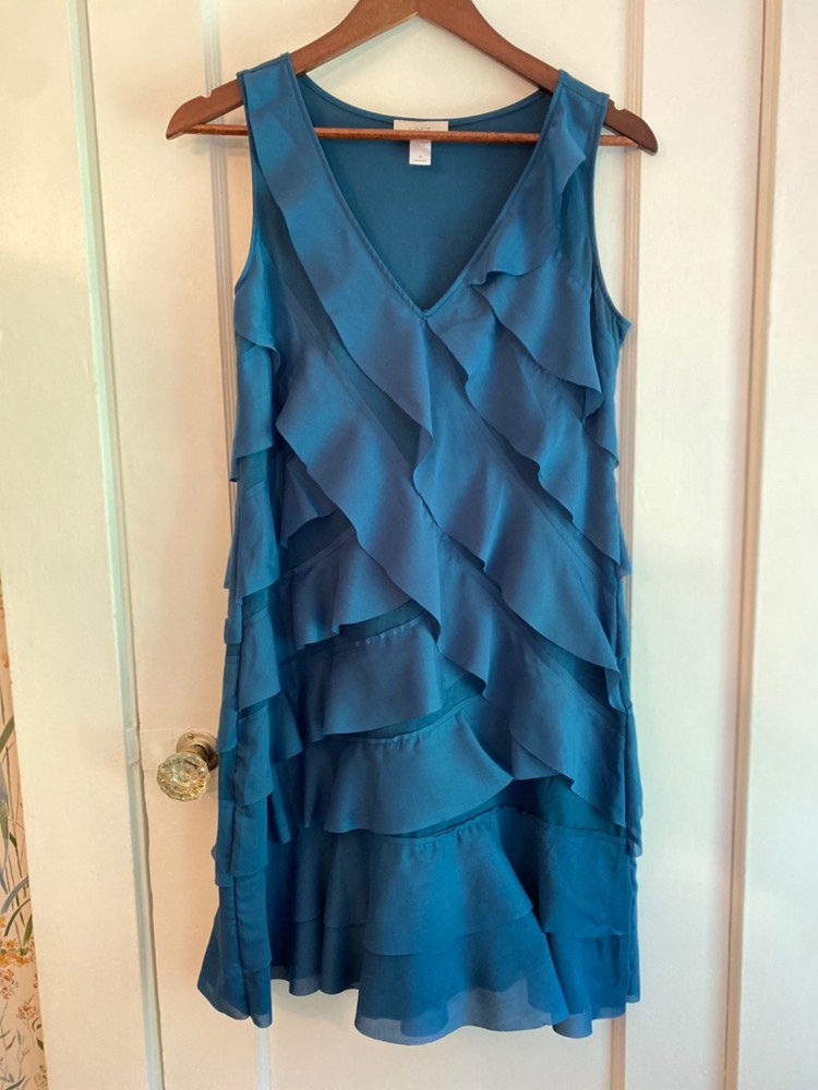 Ann Taylor LOFT Sleeveless Turquoise Blue Tiered Ruffle Above Dress Sz 4