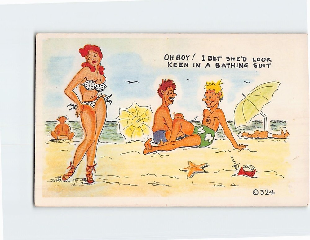 Postcard Oh Boy! I Bet Shed Look Keen In A Bathing Suit With Comic Art Print