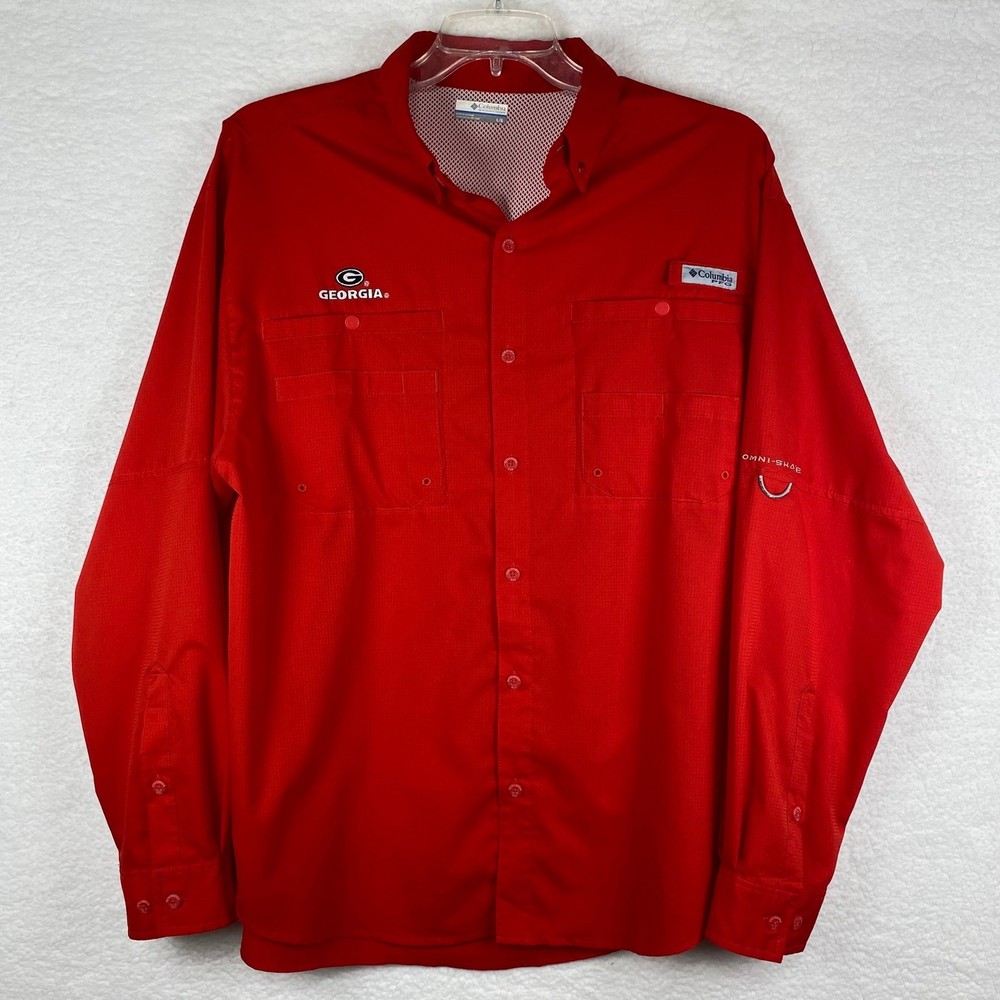 Columbia PFG Tamiami II Mens L Georgia Bulldogs Fishing Shirt Red Long Sleeve