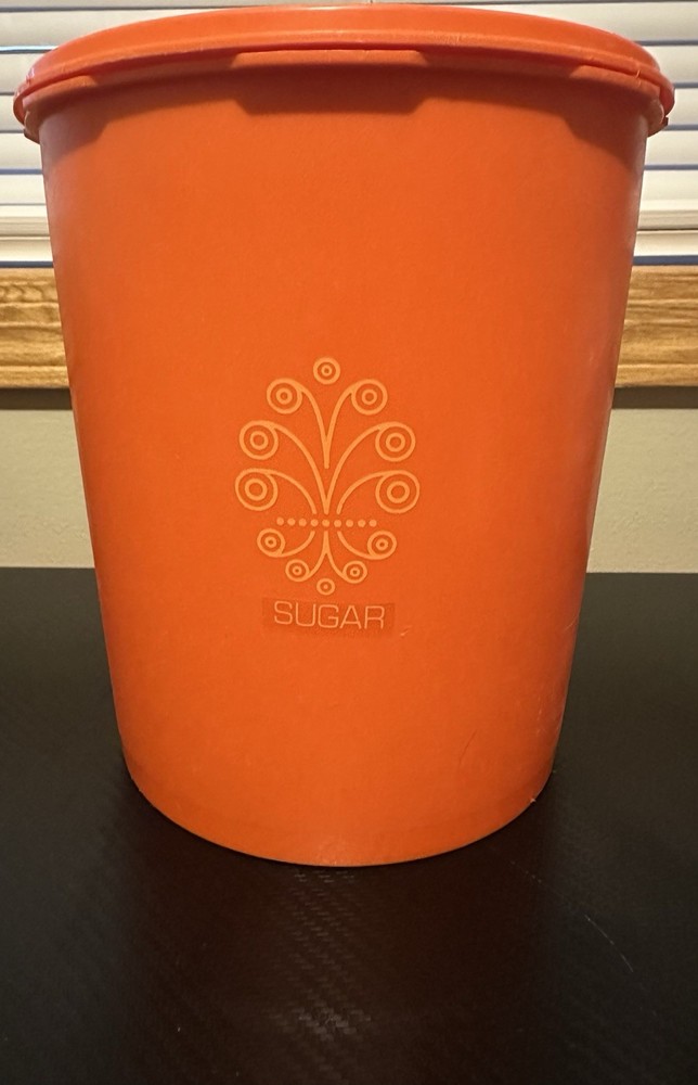 Vintage Tupperware Orange Floral Plastic Sugar Canister Jar w/ Snap-On Lid