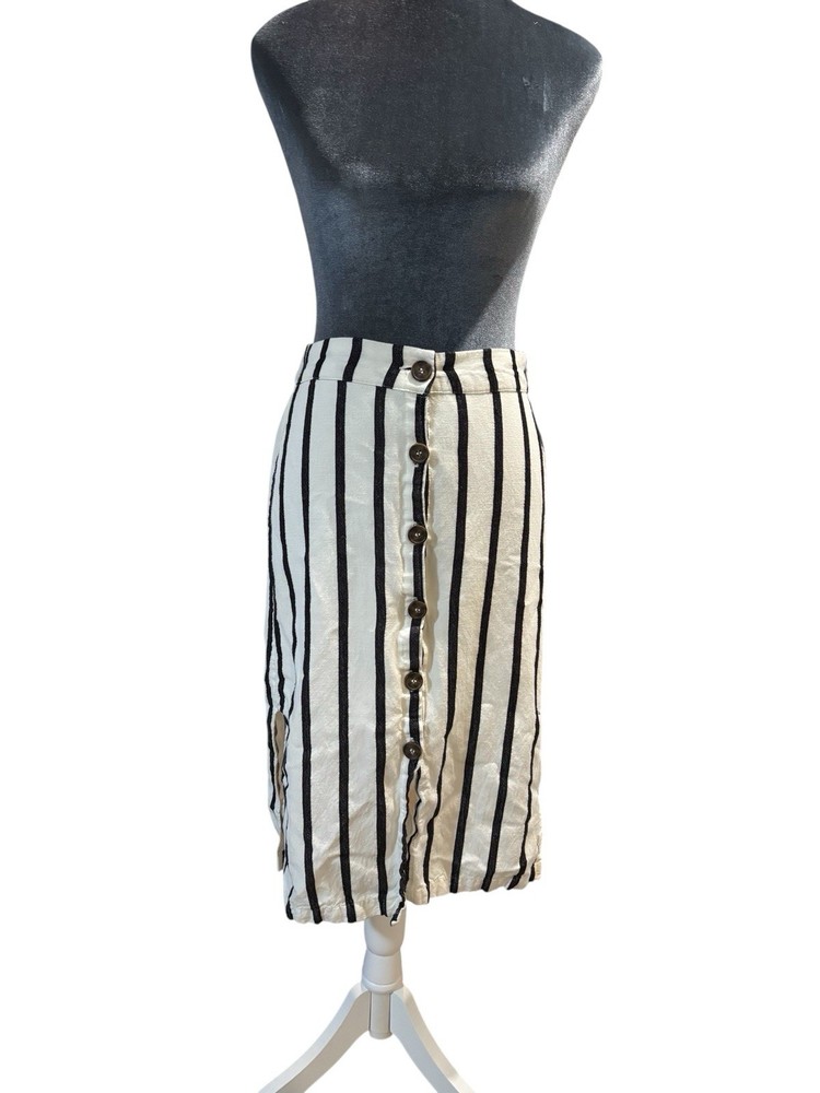 Love Tree Beige Striped Linen Blend Paperbag Waist Midi Skirt Small