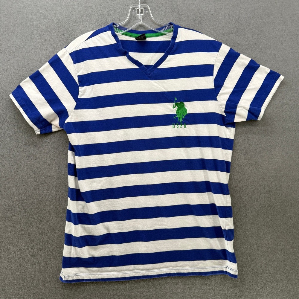 US Polo Assn Mens Blue White Striped V-Neck T-Shirt Large Cotton Sailor Boat