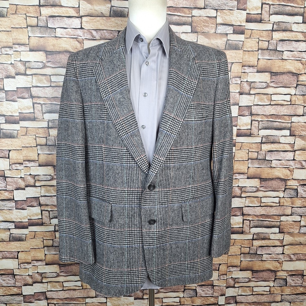 Vintage Stafford Jacket Blazer Mens 44R Gray Multicolor Plaid Flannel Tweed