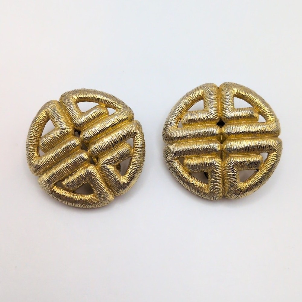 Vintage GIVENCHY Signed Gold Tone Textured Logo Round Chunky Clip On Earrings