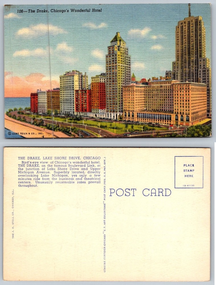 Vintage The Drake Hotel Chicago IL Lake Michigan Linen Postcard Curt Teich