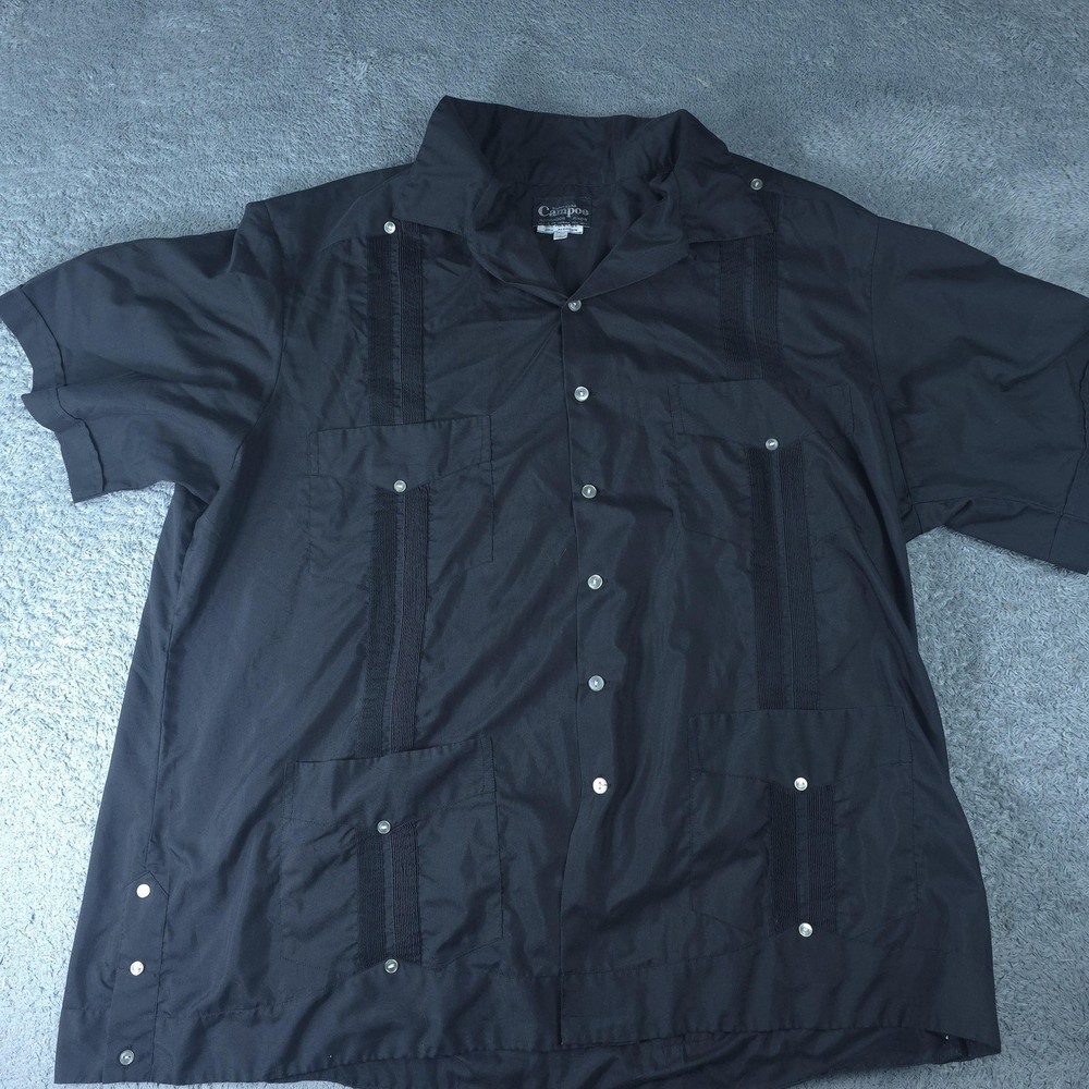 Campos Shirt Mens Large Black Short Sleeve Guayabera Button Up Embroidered Cuban