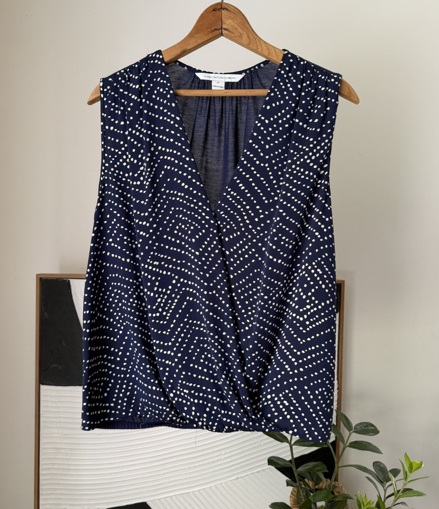 Women's Diane Von Furstenberg DVF Navy Blue White Silk Blouse Top Size Medium M