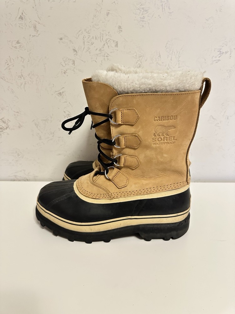 Sorel Caribou Waterproof Winter Boots Men’s Size 9 Tan Black Leather Rubber