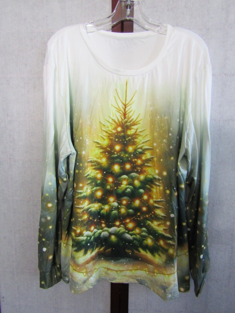 NIB Christmas Tree Bright Long Sleeve Round Neck Top T-Shirt Women's Size 2XL