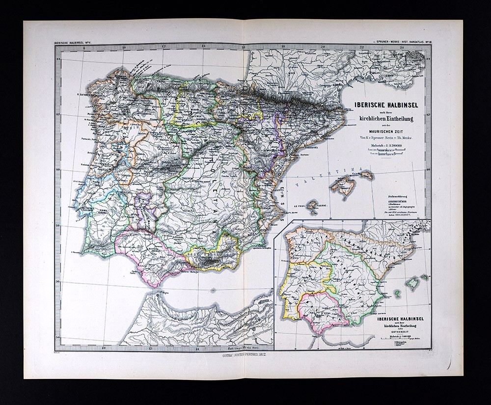 1872 Spruner Map Iberia Spain Portugal Gothic Church Divisions after the Moors