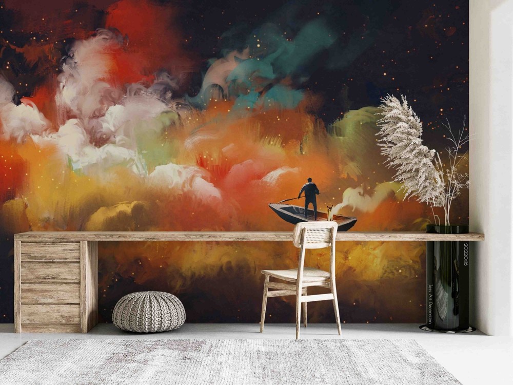3D Space Clouds Boat Man Illustration Wall Murals Wallpaper Murals Wall Sticker