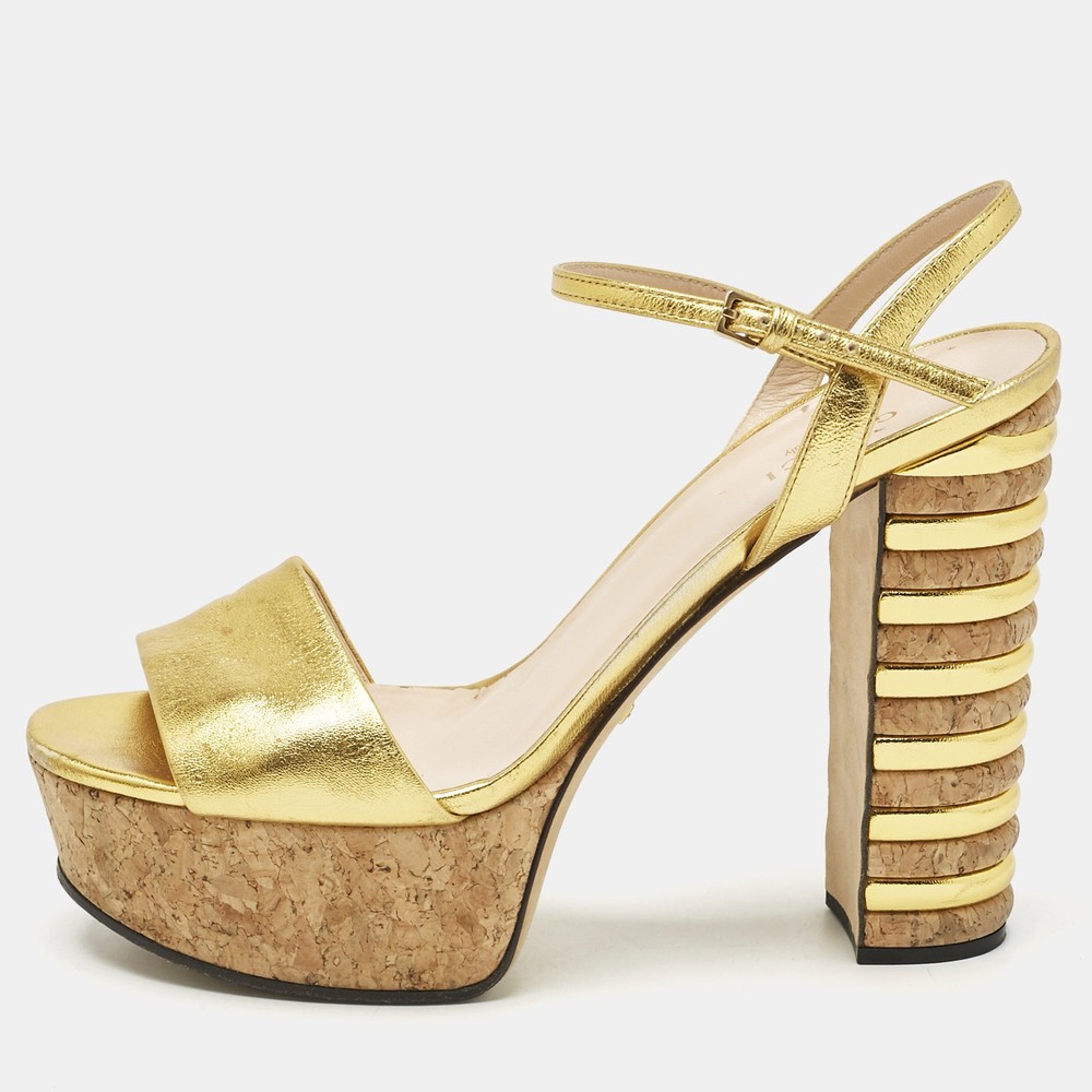 Gucci Gold Leather Ankle Strap Platform Sandals Size 39