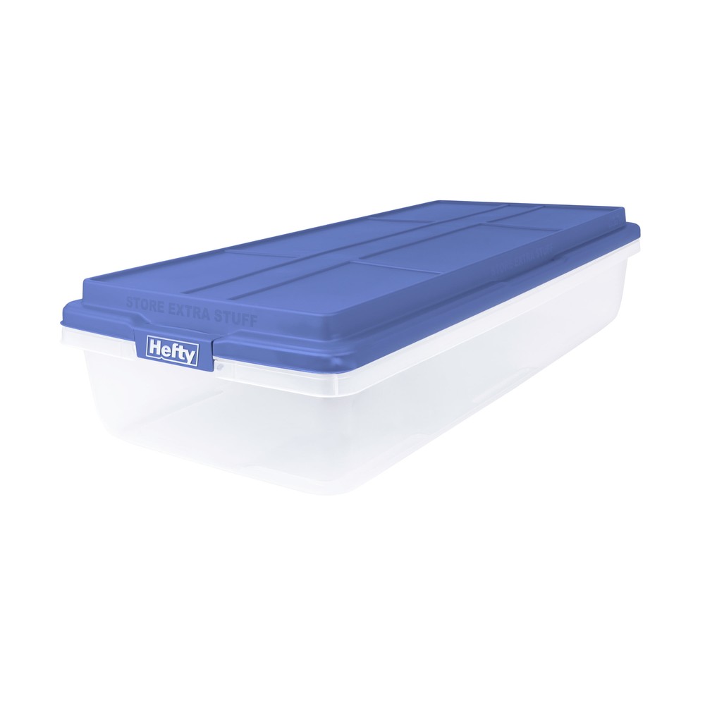 Hefty 63 Quart Clear Storage Bin with Smoke Blue Hi-Rise Lid Plastic Container
