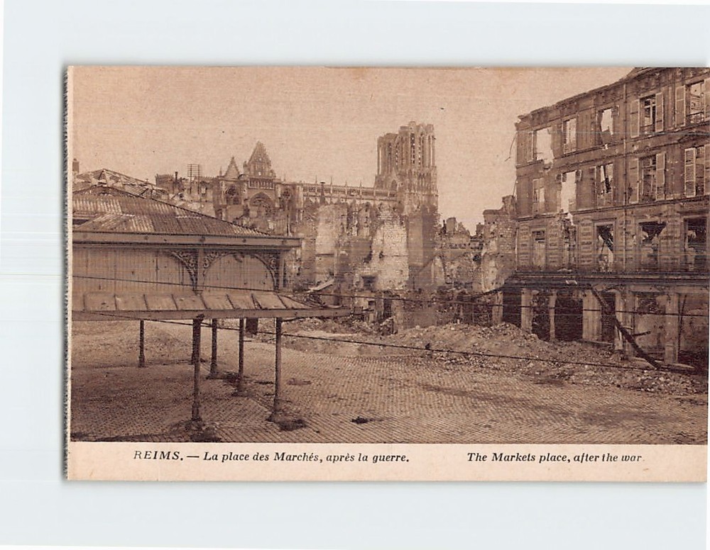 Postcard The Markets place after the war Reims France