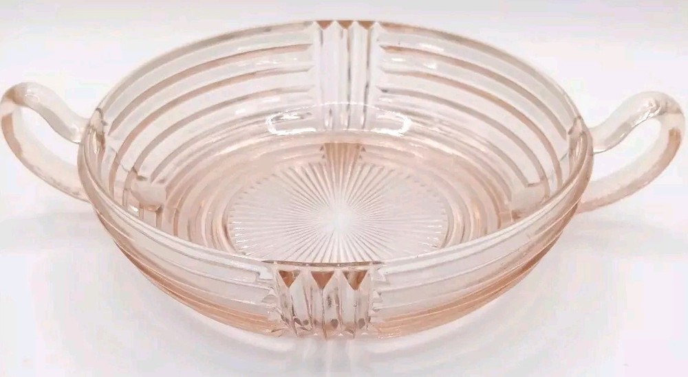 Vintage Anchor Hocking Manhattan Ribbed Pink Depression Glass Candy Bowl Handles